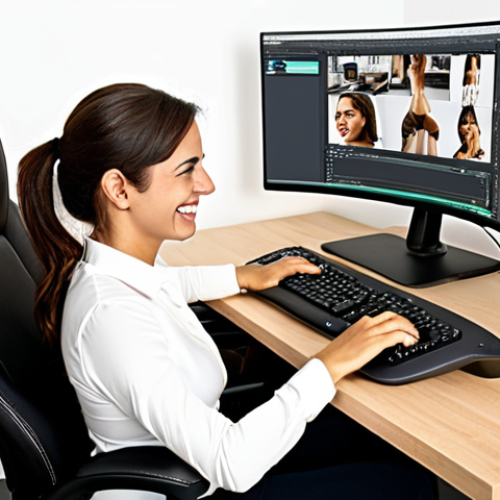 Home 4 **
Prompt: "Ergonomic workspace setup with a Spanish woman smiling while typing. Show a curved keyboard, vertical mouse, adjustable chair with good lumbar support, and a monitor at eye level. Soft, natural lighting. Emphasis on comfortable posture and organized desk."
**