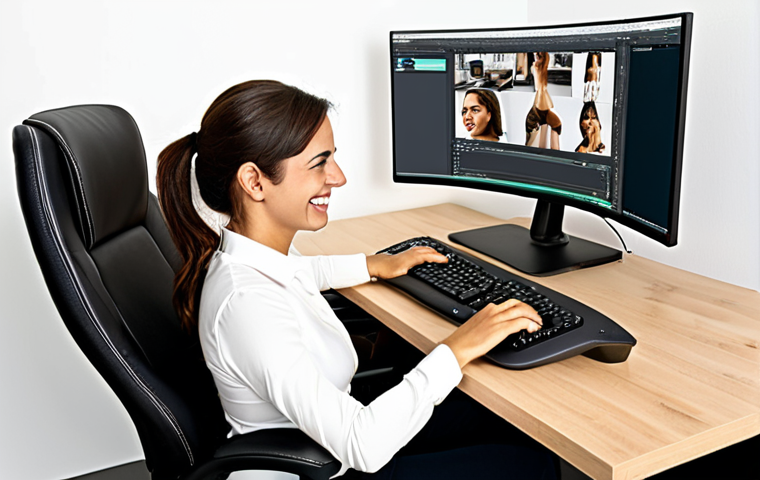 **
Prompt: "Ergonomic workspace setup with a Spanish woman smiling while typing. Show a curved keyboard, vertical mouse, adjustable chair with good lumbar support, and a monitor at eye level. Soft, natural lighting. Emphasis on comfortable posture and organized desk."
**
