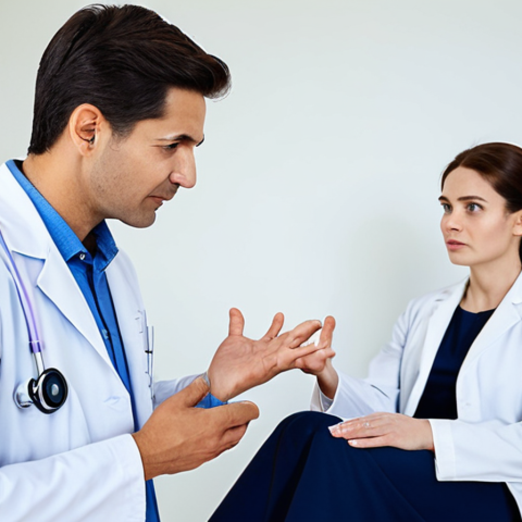 A professional podiatrist, wearing a clean lab coat, attentively listens to a patient in a modern, brightly lit clinic office. The patient, fully clothed in appropriate, modest attire, gestures gently towards their shoe while describing discomfort. The atmosphere is calm and empathetic, emphasizing clear communication and precise diagnosis. Soft natural light, medical equipment subtly in the background. The scene depicts perfect anatomy, correct proportions, natural pose, well-formed hands, proper finger count, natural body proportions, safe for work, appropriate content, fully clothed, family-friendly, high quality medical photography.