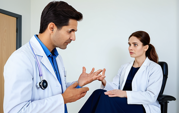 A professional podiatrist, wearing a clean lab coat, attentively listens to a patient in a modern, brightly lit clinic office. The patient, fully clothed in appropriate, modest attire, gestures gently towards their shoe while describing discomfort. The atmosphere is calm and empathetic, emphasizing clear communication and precise diagnosis. Soft natural light, medical equipment subtly in the background. The scene depicts perfect anatomy, correct proportions, natural pose, well-formed hands, proper finger count, natural body proportions, safe for work, appropriate content, fully clothed, family-friendly, high quality medical photography.