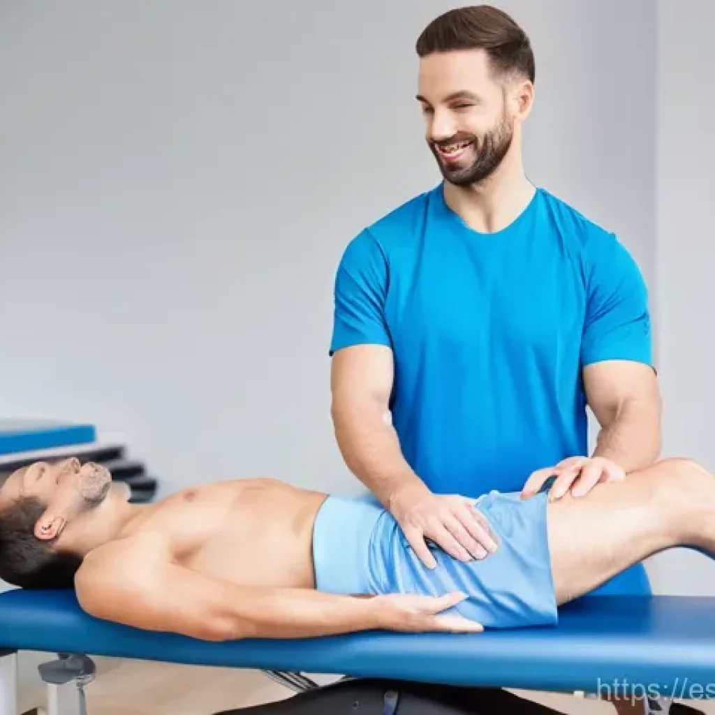 무릎 수술 후 재활 운동 - **Early Post-Surgery Physiotherapy Session:**
"A realistic and detailed image inside a bright, m...