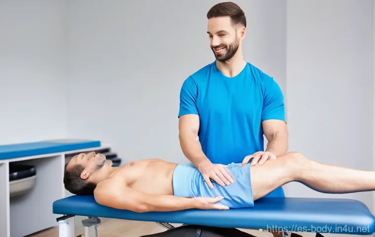 무릎 수술 후 재활 운동 - **Early Post-Surgery Physiotherapy Session:**
"A realistic and detailed image inside a bright, m...