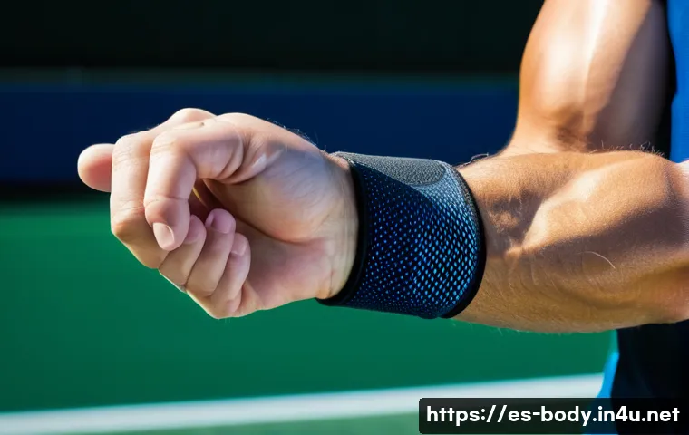 손목 보호대 선택 팁 - A detailed close-up of a wrist wearing a high-quality neoprene wrist support designed for sports use...