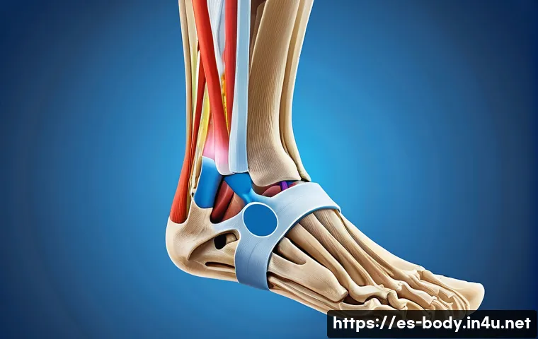 발목 염좌 치료 기간 - A detailed medical illustration showing the anatomy of an ankle with ligaments highlighted, depictin...