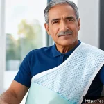 어깨 관절 치료 후 관리법 - A middle-aged Hispanic man wearing a medical arm sling, sitting comfortably in a bright, modern livi...