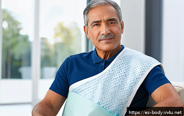 어깨 관절 치료 후 관리법 - A middle-aged Hispanic man wearing a medical arm sling, sitting comfortably in a bright, modern livi...