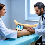 무릎 관절 연골 주사 가격 - A modern medical clinic in a vibrant Spanish city, showing a professional doctor with a patient disc...
