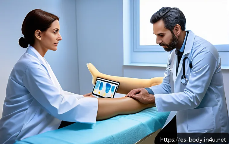 무릎 관절 연골 주사 가격 - A modern medical clinic in a vibrant Spanish city, showing a professional doctor with a patient disc...