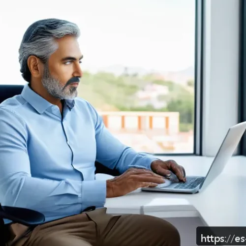 허리디스크 비수술 치료 후기 - A middle-aged Hispanic man sitting at a modern ergonomic office desk in a bright, clean room typical...