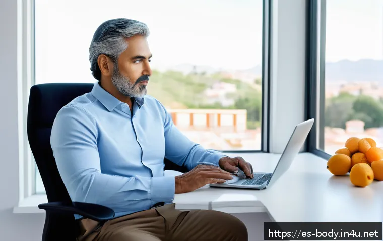 허리디스크 비수술 치료 후기 - A middle-aged Hispanic man sitting at a modern ergonomic office desk in a bright, clean room typical...