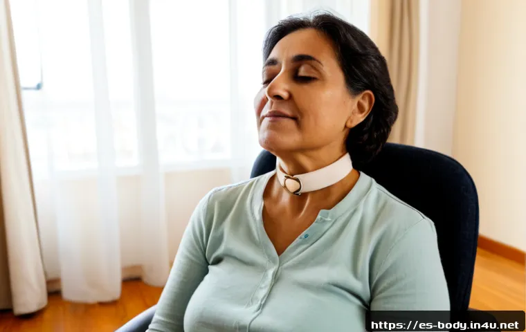 목 디스크 치료 후기 - Photorealistic home recovery scene for cervical disc treatment: a middle-aged Hispanic woman seated ...