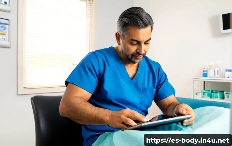 Home 17 어깨 관절 수술 후기 사례 - Photorealistic shoulder surgery recovery consultation in a bright modern Spanish clinic, middle-aged...