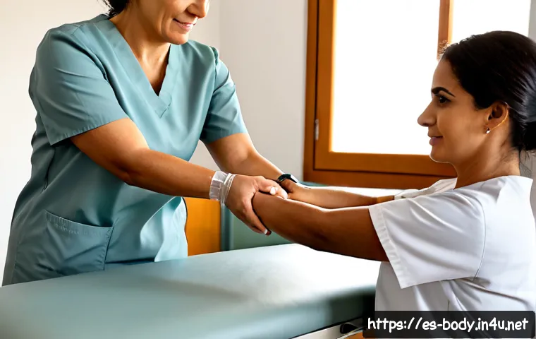 손목터널증후군 치료 사례 - Photorealistic medical treatment scene in a modern Spanish clinic, middle-aged Hispanic woman wearin...